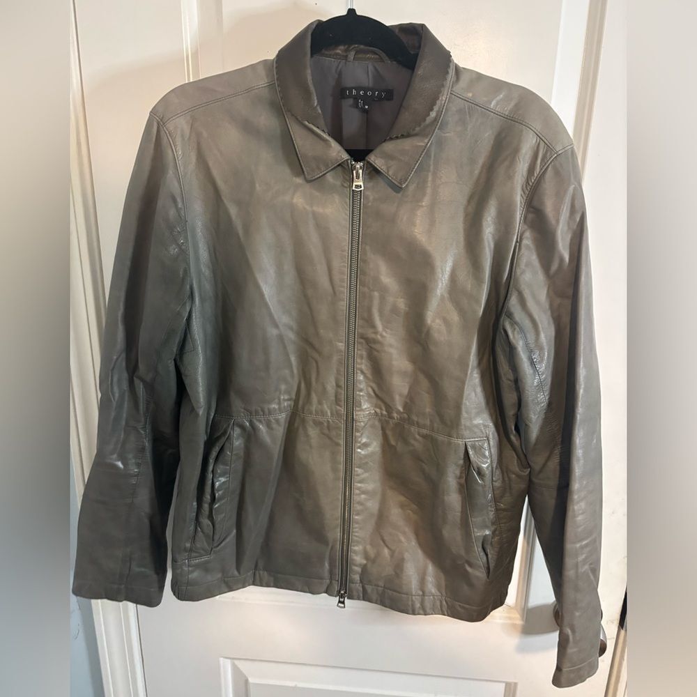 Theory Men's Leather Jacket in Olive Gray